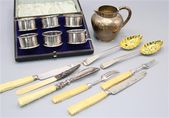 Vict engraved silver cream jug, 6 napkin rings, cased and sundry silver and ivory-mounted items